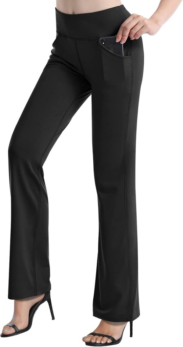 TwentyonefitnessYoga Bottoms  Inner Pocket Yoga Pants 4 Way Stretch Tummy Control Workout Running Pants, Long Bootleg Flare Pants