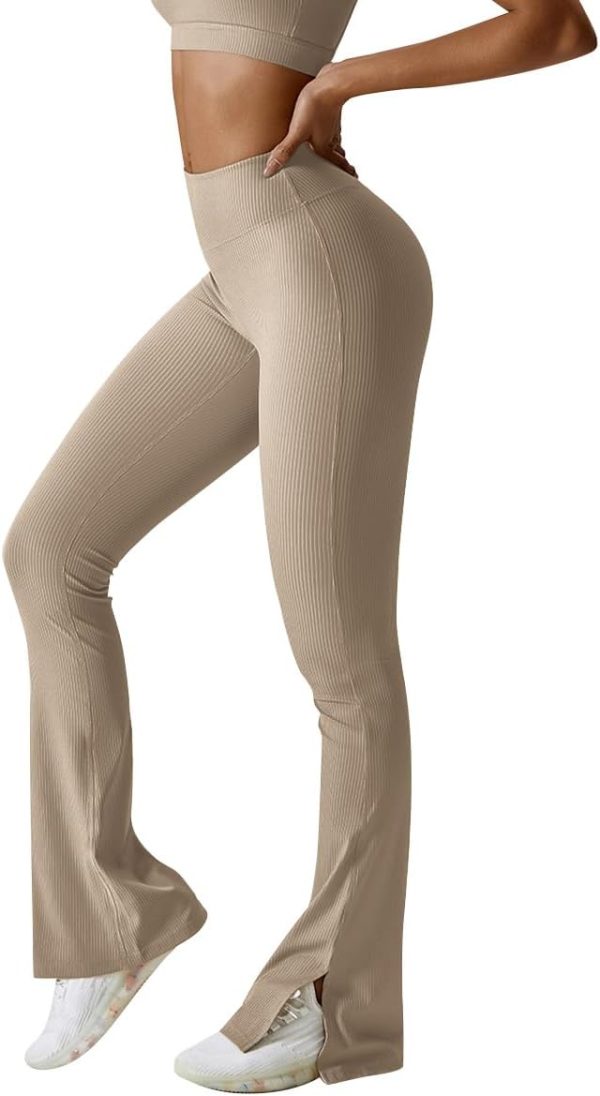 TwentyonefitnessYoga Bottoms  Women Ribbed Seamless Slit Hem Flared Leggings High Waist Bootcut Yoga Pants Tummy Control Workout Bootleg Pants