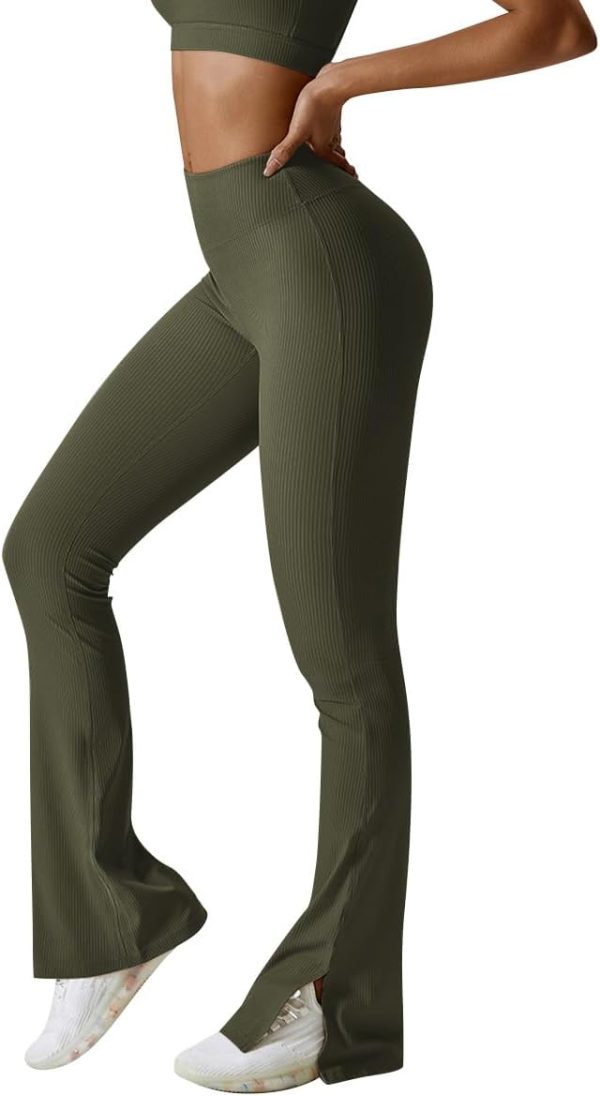 TwentyonefitnessYoga Bottoms  Women Ribbed Seamless Slit Hem Flared Leggings High Waist Bootcut Yoga Pants Tummy Control Workout Bootleg Pants
