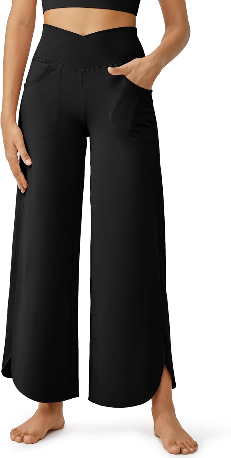 TwentyonefitnessYoga Bottoms Pants for Women Wide Leg Yoga Pants for Summer Flowy Capris Loose Casual Cropped Pants with Pockets 21″/29″