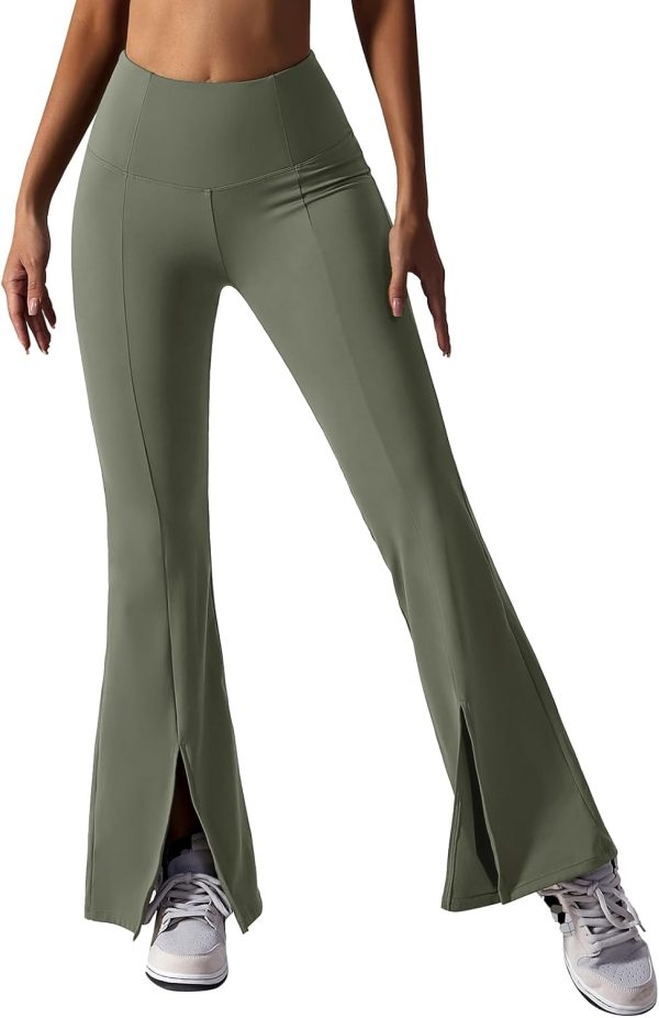 TwentyonefitnessYoga Bottoms  Women Ribbed Seamless Slit Hem Flared Leggings High Waist Bootcut Yoga Pants Tummy Control Workout Bootleg Pants