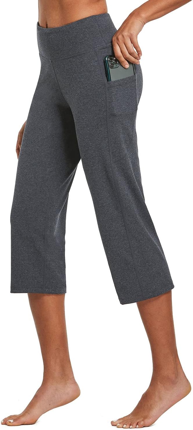 Twentyonefitness Yoga Bottoms Yoga Pants for Women Capris High Waist Leggings with Pockets Wide Leg Exercise Workout Crop Straight Open Bottom