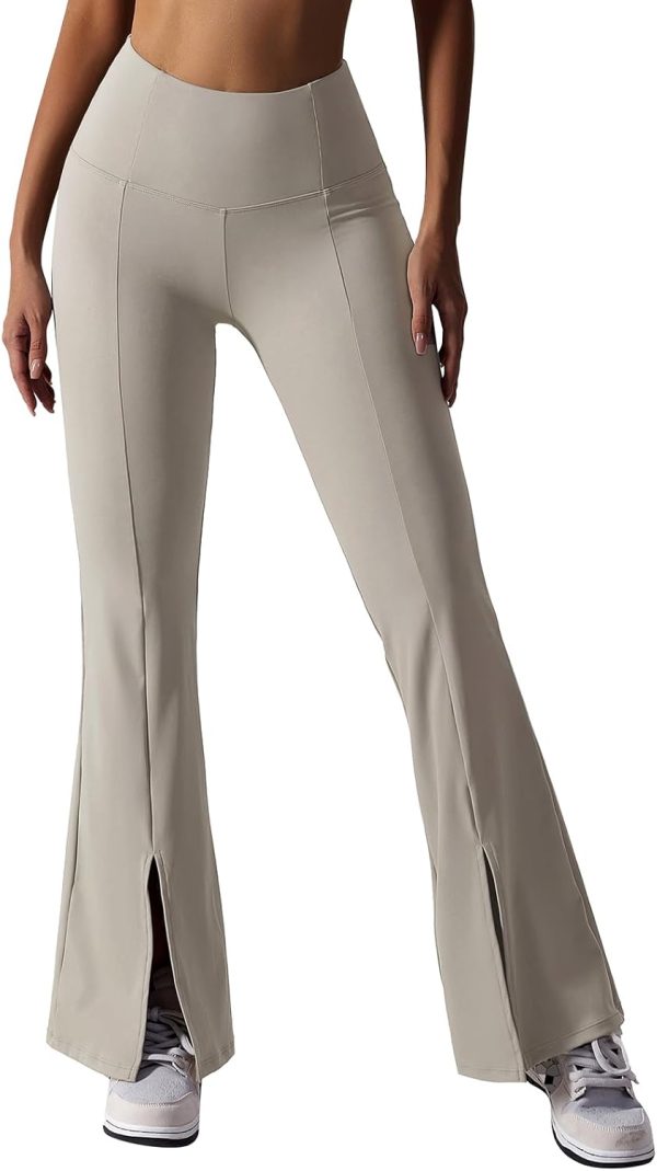 TwentyonefitnessYoga Bottoms  Women Ribbed Seamless Slit Hem Flared Leggings High Waist Bootcut Yoga Pants Tummy Control Workout Bootleg Pants