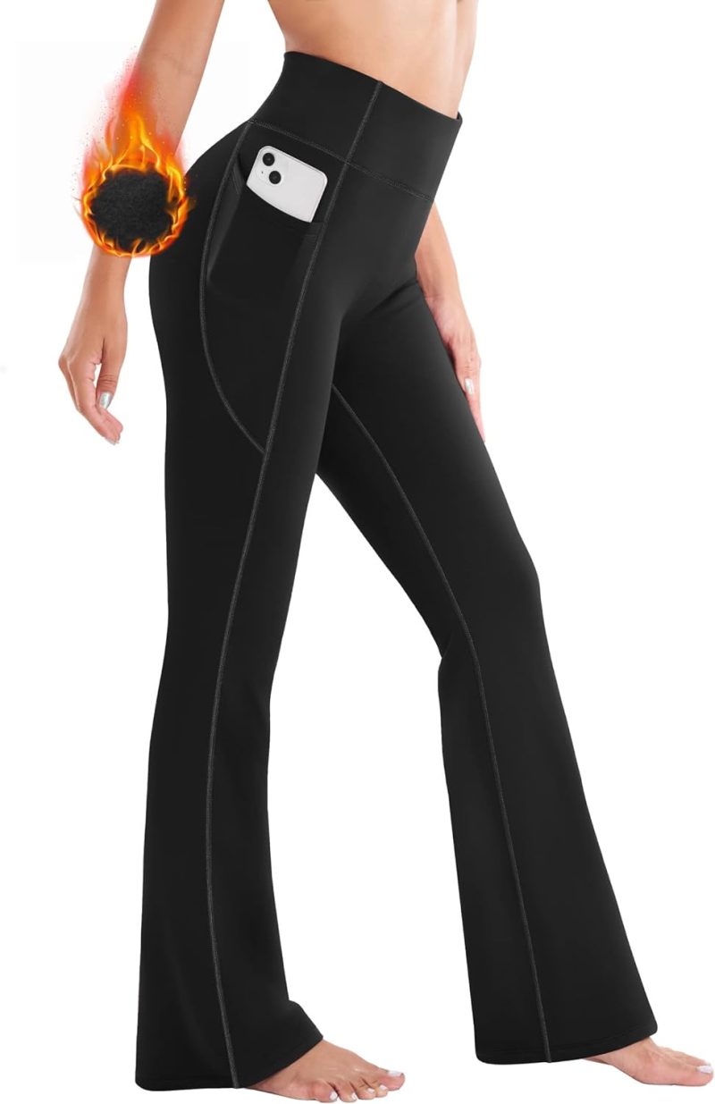 TwentyonefitnessYoga Bottoms Lined Pants Women Thermal Pants with Pockets High Waist Warm Pants for Women Winter Flare Yoga Pants