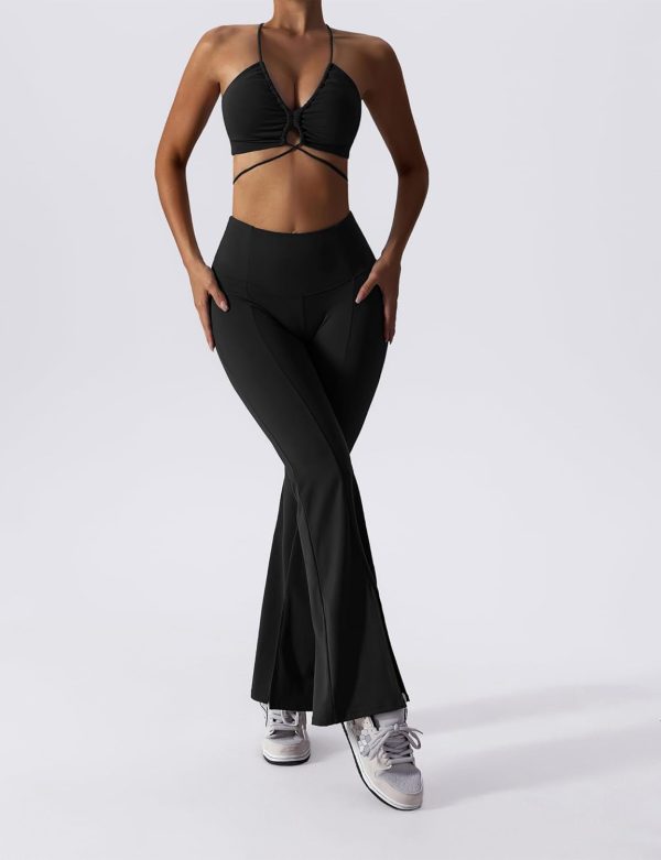 TwentyonefitnessYoga Bottoms  Women Ribbed Seamless Slit Hem Flared Leggings High Waist Bootcut Yoga Pants Tummy Control Workout Bootleg Pants