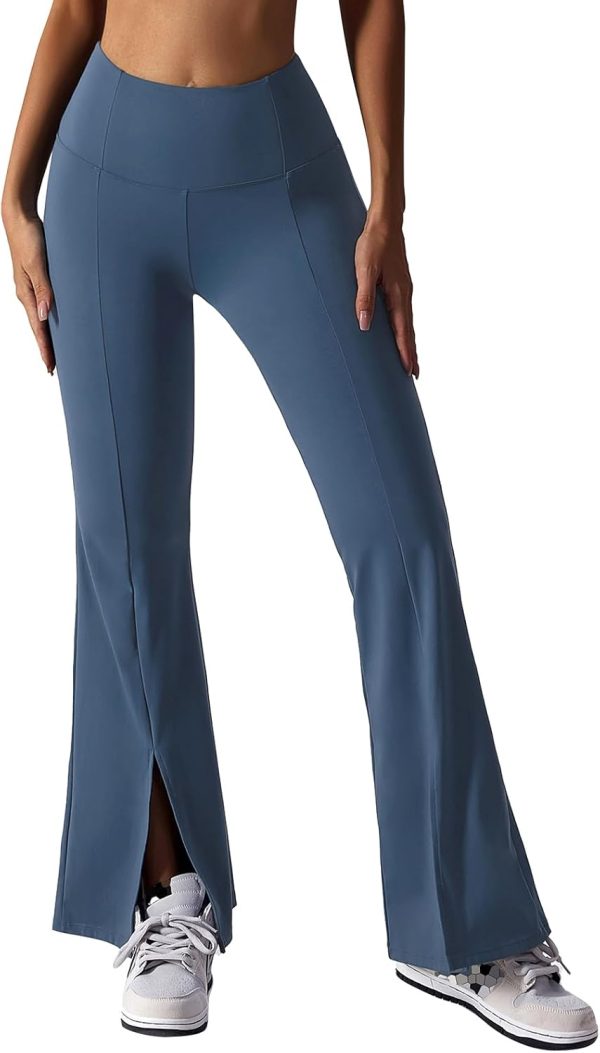 TwentyonefitnessYoga Bottoms  Women Ribbed Seamless Slit Hem Flared Leggings High Waist Bootcut Yoga Pants Tummy Control Workout Bootleg Pants