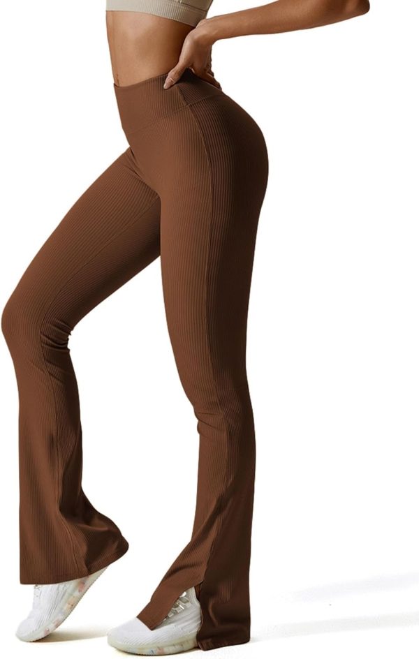 TwentyonefitnessYoga Bottoms  Women Ribbed Seamless Slit Hem Flared Leggings High Waist Bootcut Yoga Pants Tummy Control Workout Bootleg Pants