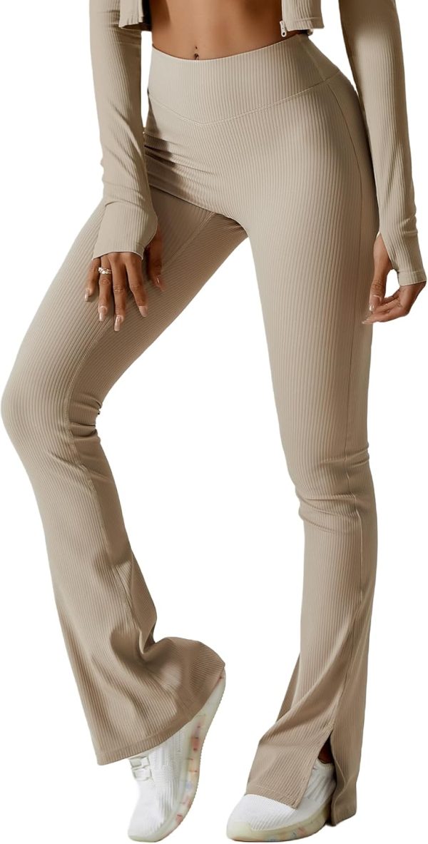 TwentyonefitnessYoga Bottoms  Women Ribbed Seamless Slit Hem Flared Leggings High Waist Bootcut Yoga Pants Tummy Control Workout Bootleg Pants