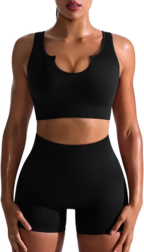 TwentyonefitnessYoga Hot Yoga Sets Workout Outfits for Women 2 Piece Seamless Ribbed High Waist Leggings with Sports Bra Exercise Set…