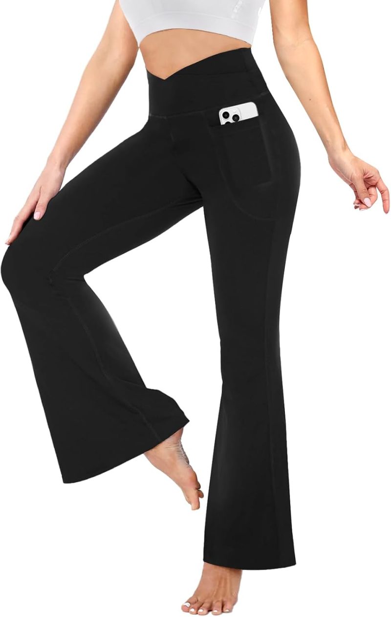 TwentyonefitnessYoga Flare Leggings for Women with Pockets – Crossover High Waisted Black Flared Leggings for Yoga Gym WorkoutLeggings