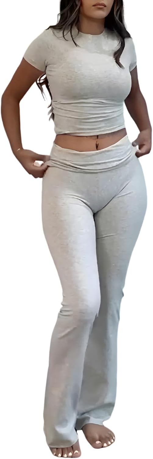 TwentyonefitnessYoga Women’s 2 Piece Lounge Outfits Slim Short Sleeve Tops Low Rise Flare Leggings Sets Yoga Sweatsuit