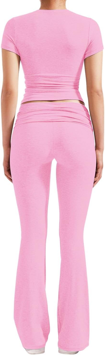 51zyc4BdEoL._AC_SL1500 TwentyonefitnessYoga Women’s 2 Piece Lounge Outfits Slim Short Sleeve Tops Low Rise Flare Leggings Sets Yoga Sweatsuit