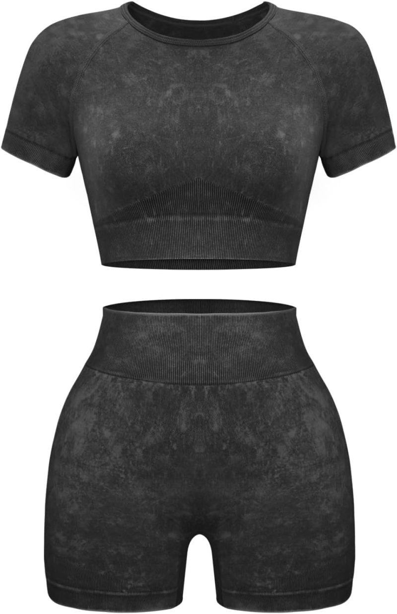 TwentyonefitnessYoga Womens Workout Sets 2 Piece – Seamless Acid Wash Yoga Outfits Shorts and Crop Top Matching Gym Athletic Clothing Set