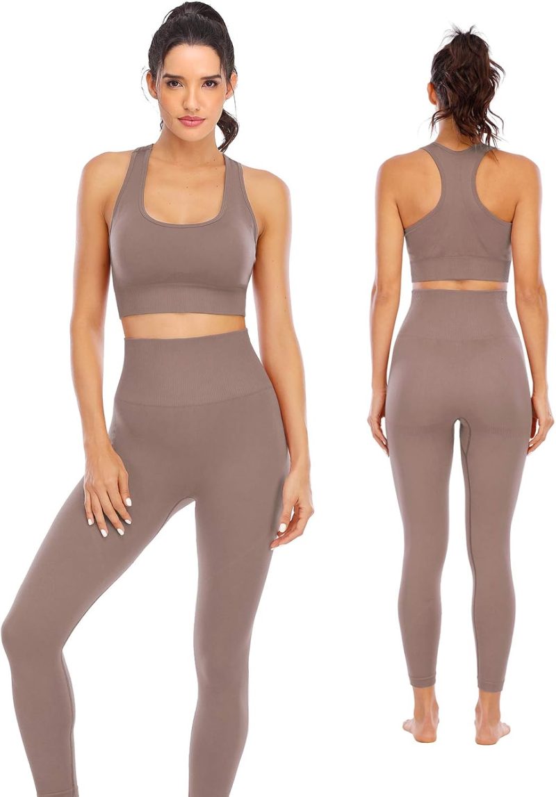 TwentyonefitnessYoga Hot Yoga Sets Workout Sets for Women 2 Piece High Waisted Seamless Leggings with Padded Stretchy Sports Bra Sets Gym Clothes