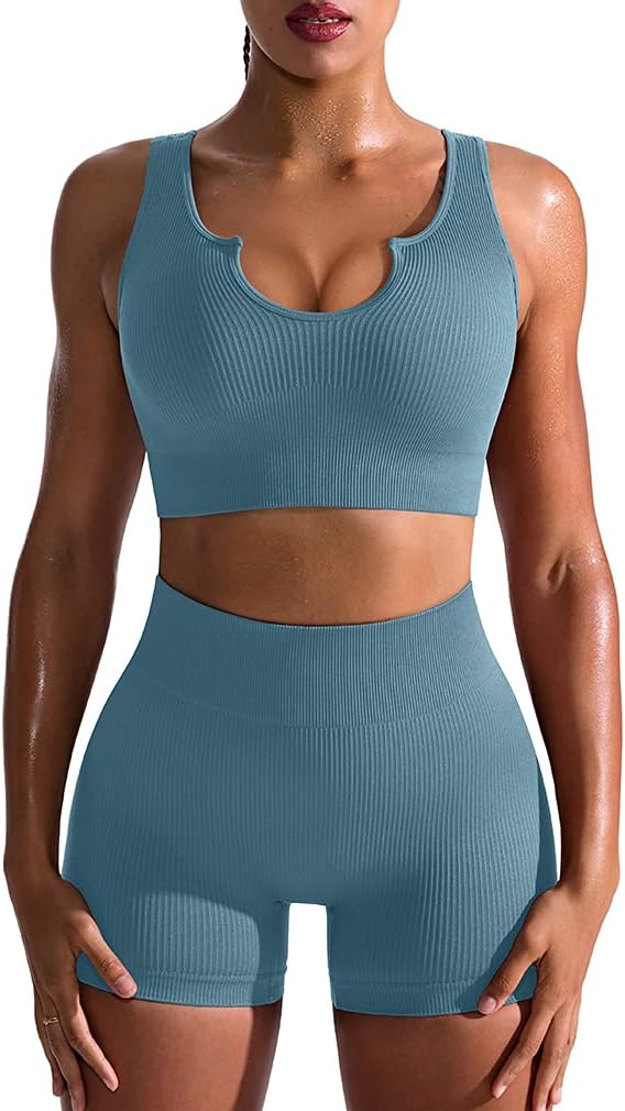 TwentyonefitnessYoga Hot Yoga Sets Workout Outfits for Women 2 Piece Seamless Ribbed High Waist Leggings with Sports Bra Exercise Set…