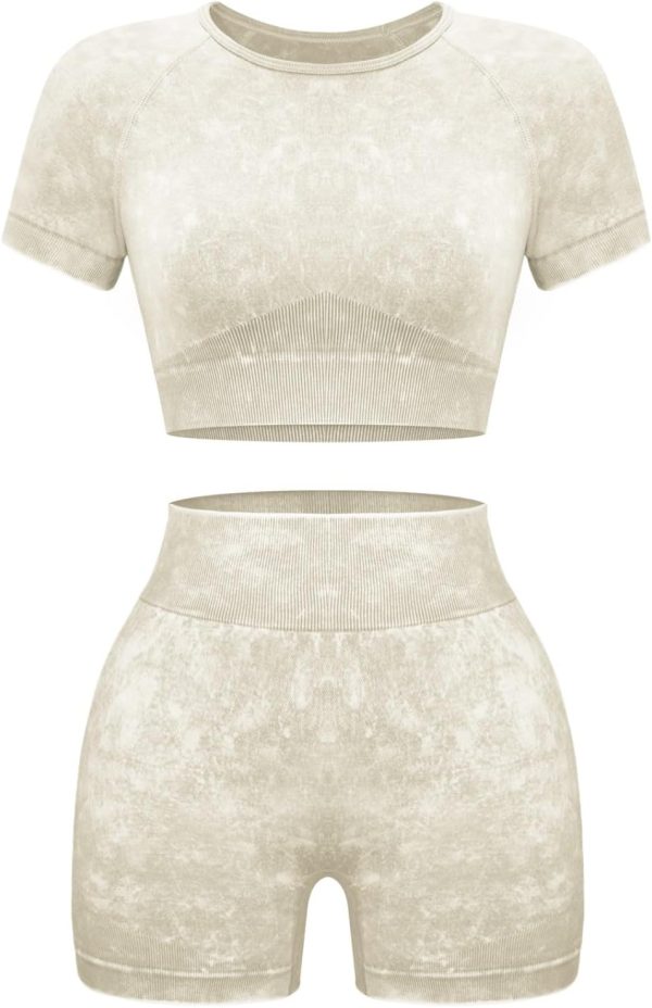 TwentyonefitnessYoga Womens Workout Sets 2 Piece – Seamless Acid Wash Yoga Outfits Shorts and Crop Top Matching Gym Athletic Clothing Set