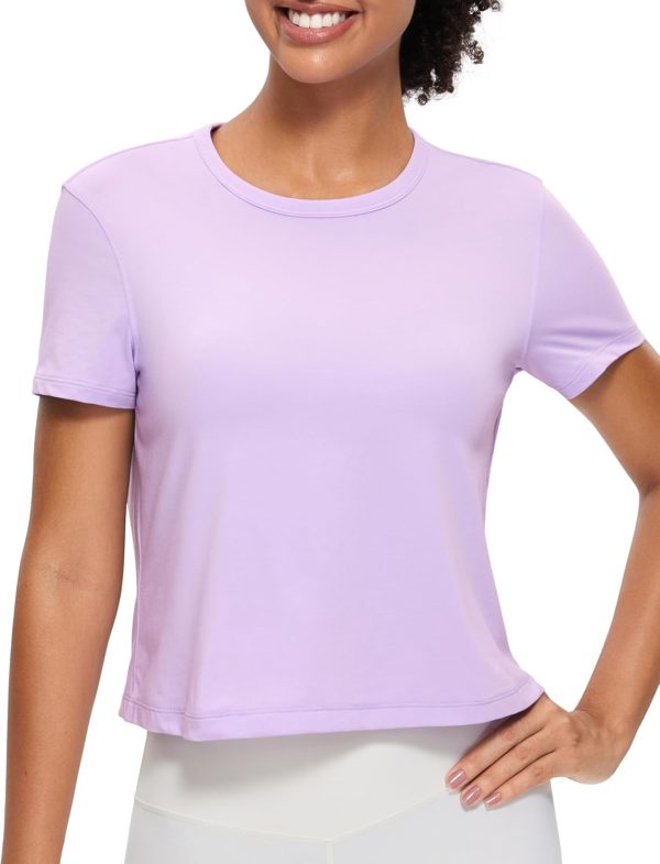TwentyonefitnessYoga Hot Tops Women’s Pima Cotton Short Sleeve Crop Tops High Neck Cropped Workout Tops Yoga Athletic Shirts Casual T-Shirt