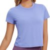 TwentyonefitnessYoga Hot Tops Women’s Pima Cotton Short Sleeve Crop Tops High Neck Cropped Workout Tops Yoga Athletic Shirts Casual T-Shirt