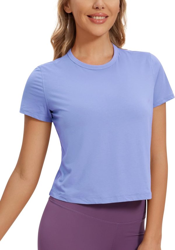 TwentyonefitnessYoga Hot Tops Women’s Pima Cotton Short Sleeve Crop Tops High Neck Cropped Workout Tops Yoga Athletic Shirts Casual T-Shirt