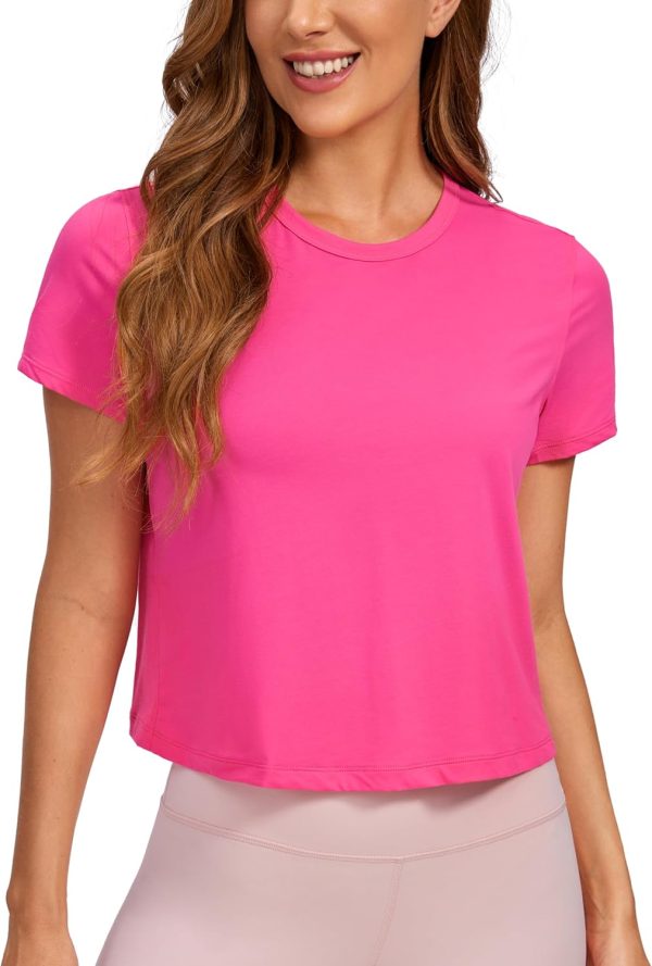 TwentyonefitnessYoga Hot Tops Women’s Pima Cotton Short Sleeve Crop Tops High Neck Cropped Workout Tops Yoga Athletic Shirts Casual T-Shirt