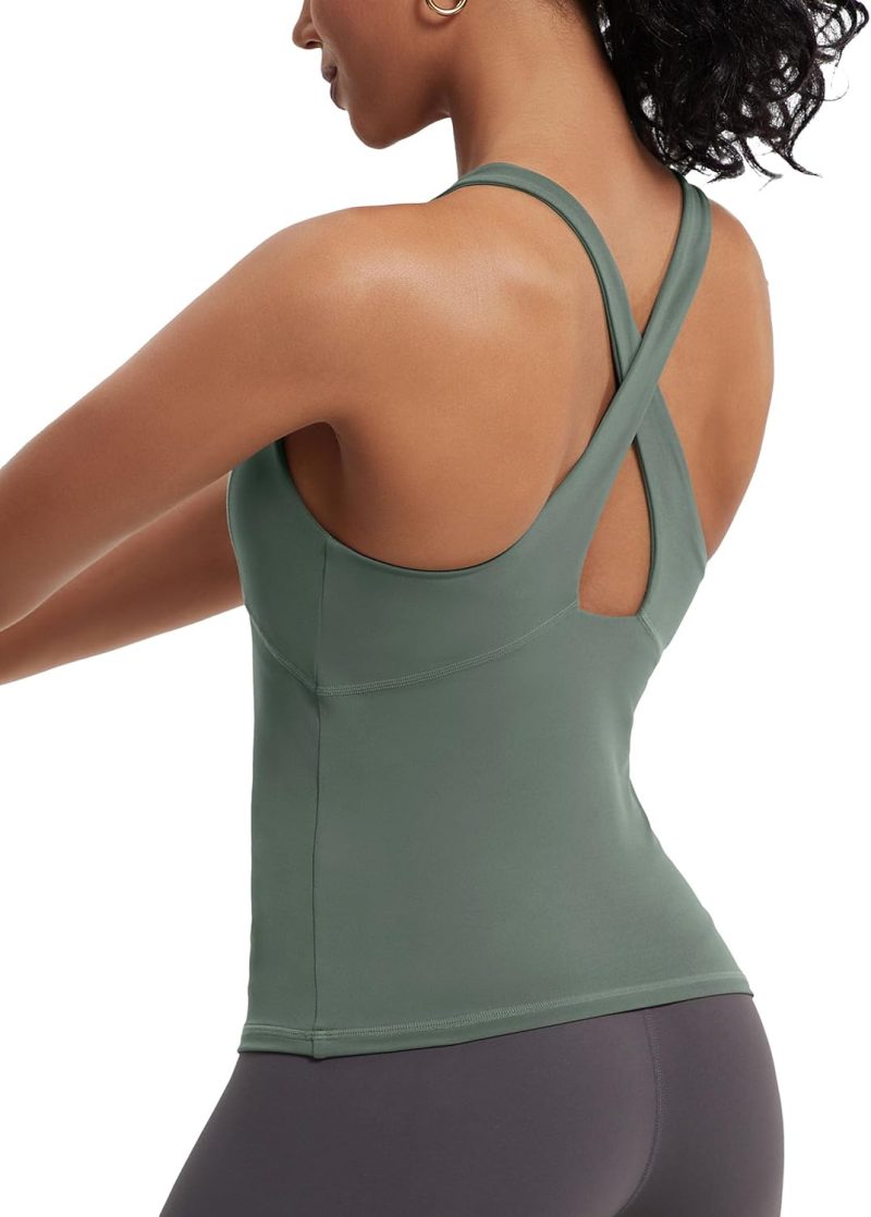 TwentyonefitnessYoga Hot Tops Womens Cross Back Workout Tank Tops-with Built in Bra, High Neck Athletic Yoga Gym Tank Tops