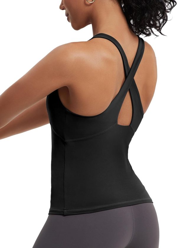 TwentyonefitnessYoga Hot Tops Womens Cross Back Workout Tank Tops-with Built in Bra, High Neck Athletic Yoga Gym Tank Tops