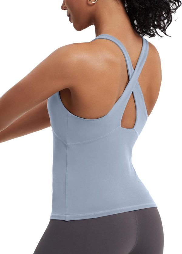 TwentyonefitnessYoga Hot Tops Womens Cross Back Workout Tank Tops-with Built in Bra, High Neck Athletic Yoga Gym Tank Tops
