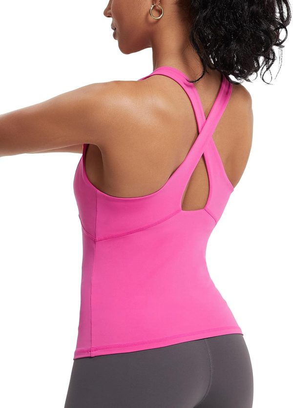 TwentyonefitnessYoga Hot Tops Womens Cross Back Workout Tank Tops-with Built in Bra, High Neck Athletic Yoga Gym Tank Tops