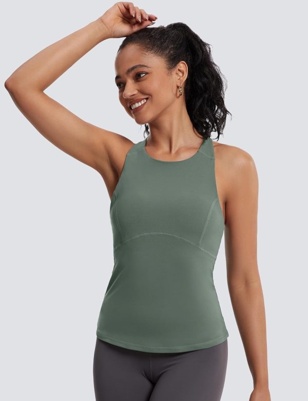 TwentyonefitnessYoga Hot Tops Womens Cross Back Workout Tank Tops-with Built in Bra, High Neck Athletic Yoga Gym Tank Tops