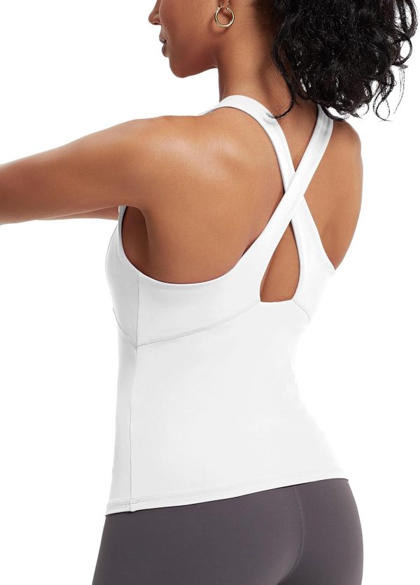 TwentyonefitnessYoga Hot Tops Womens Cross Back Workout Tank Tops-with Built in Bra, High Neck Athletic Yoga Gym Tank Tops