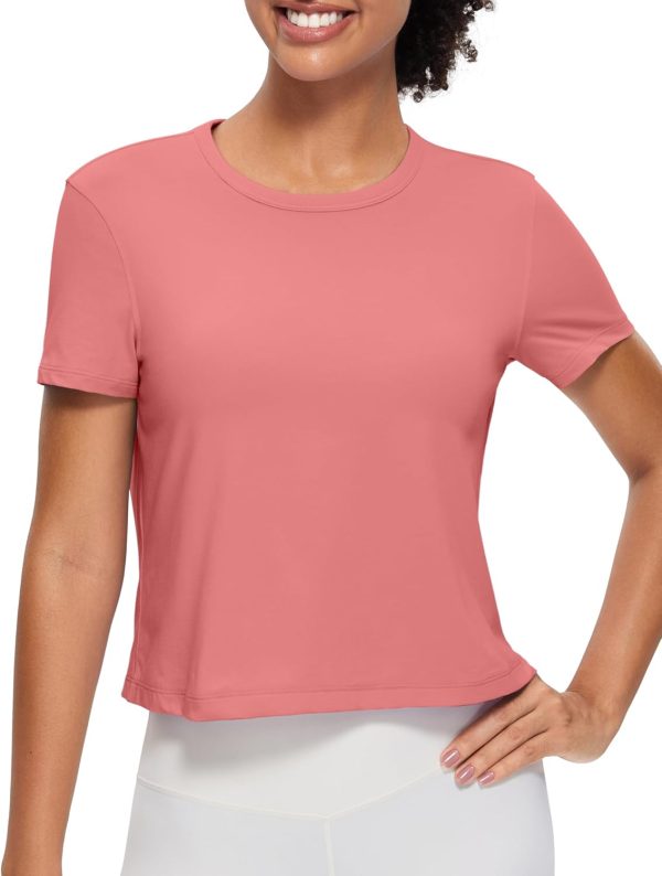 TwentyonefitnessYoga Hot Tops Women’s Pima Cotton Short Sleeve Crop Tops High Neck Cropped Workout Tops Yoga Athletic Shirts Casual T-Shirt