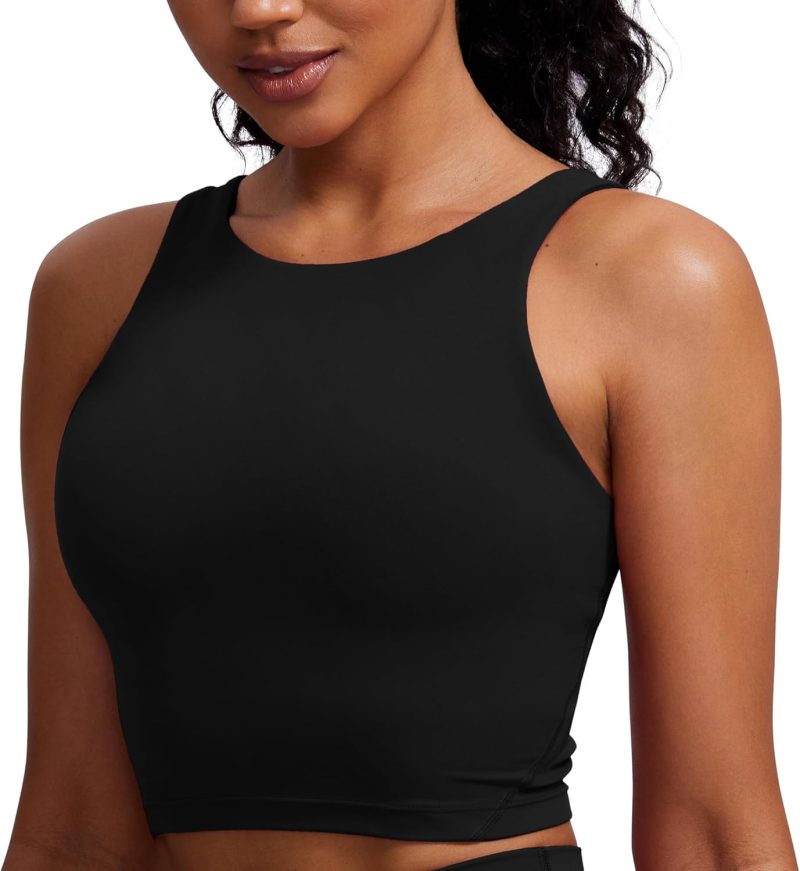 TwentyonefitnessYogaHot Bras  Womens High Neck Longline Sports Bra – U Back Padded Crop Workout Tank Top with Built in Bra