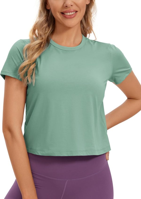 TwentyonefitnessYoga Hot Tops Women’s Pima Cotton Short Sleeve Crop Tops High Neck Cropped Workout Tops Yoga Athletic Shirts Casual T-Shirt