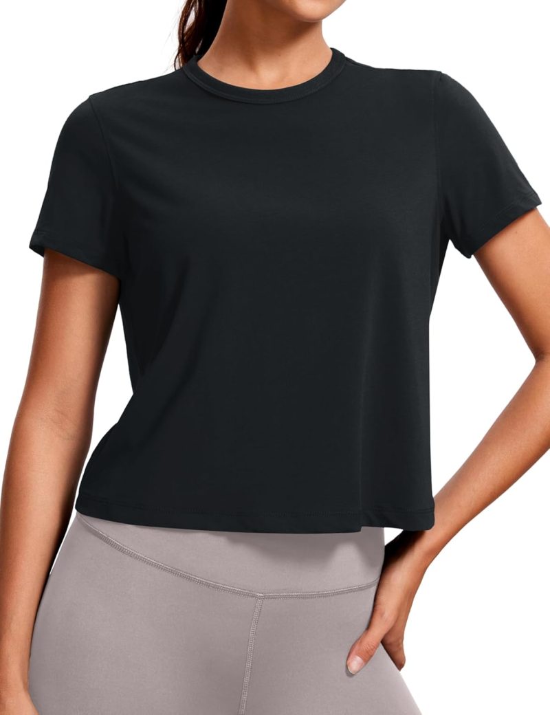 TwentyonefitnessYoga Hot Tops Women’s Pima Cotton Short Sleeve Crop Tops High Neck Cropped Workout Tops Yoga Athletic Shirts Casual T-Shirt