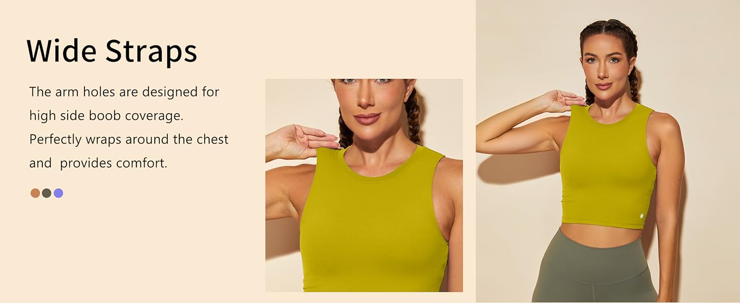 The longline sports bra uses wide straps, and an elastic wideband hem can reduce shoulder pressure