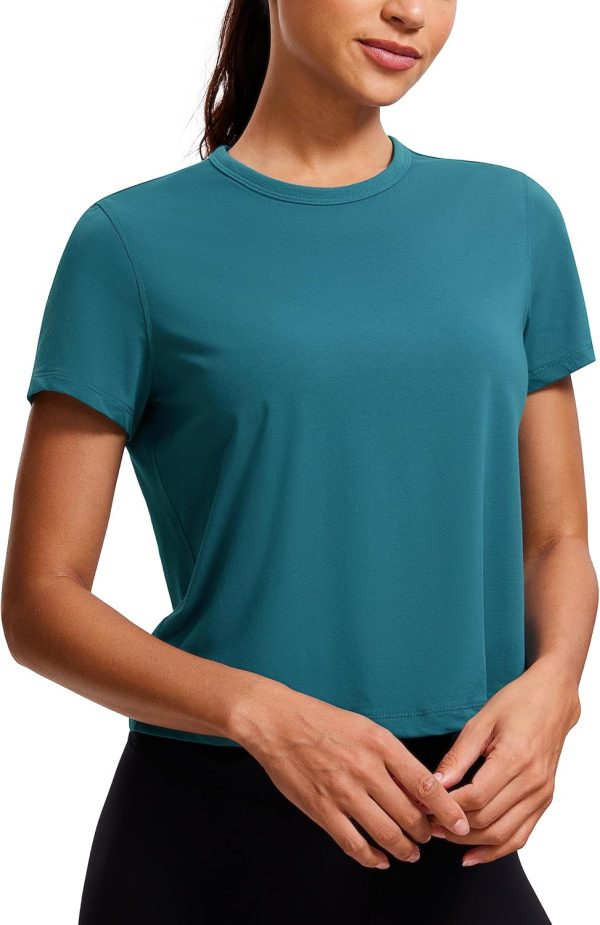 TwentyonefitnessYoga Hot Tops Women’s Pima Cotton Short Sleeve Crop Tops High Neck Cropped Workout Tops Yoga Athletic Shirts Casual T-Shirt