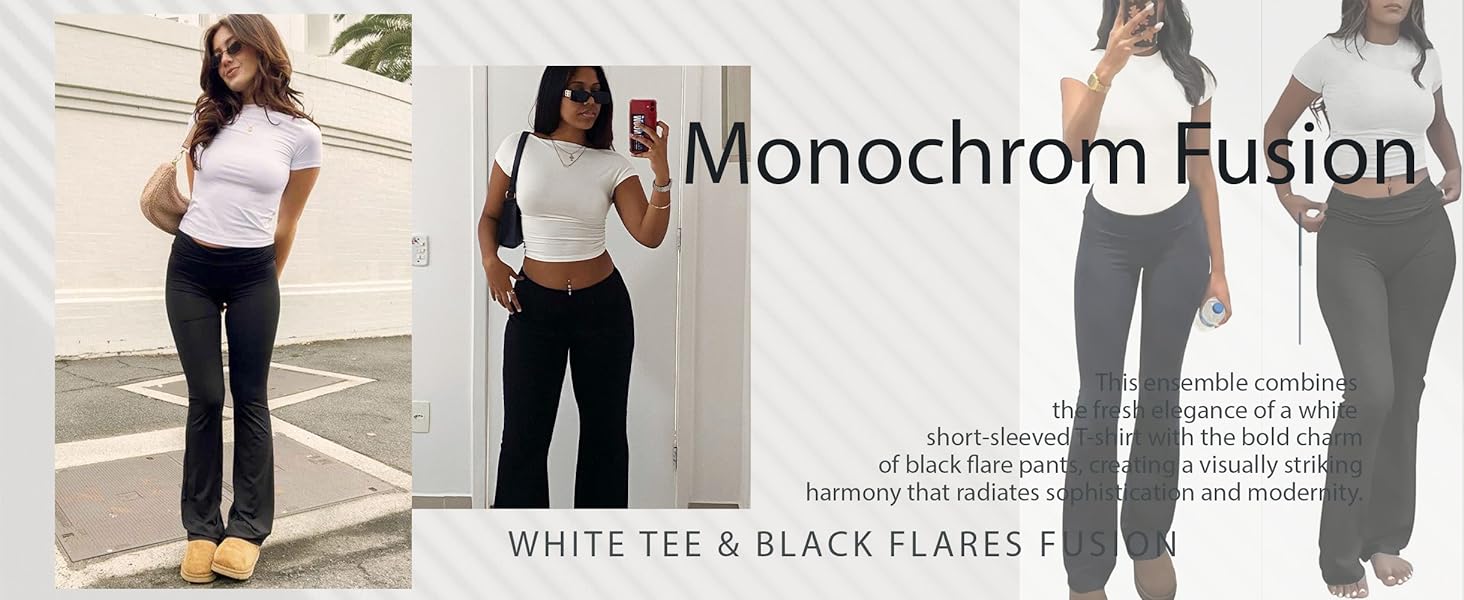 White and Black Women's Yoga 2 Piece Outfits: Slim Short Sleeve Tops & Low Rise Flare Leggings Sets