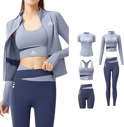 Women Activewear Gymwear Yoga Suit Athleisure Five Piece Set, T-Shirt, Jacket, Sports Bra, Leggings, Running Shorts